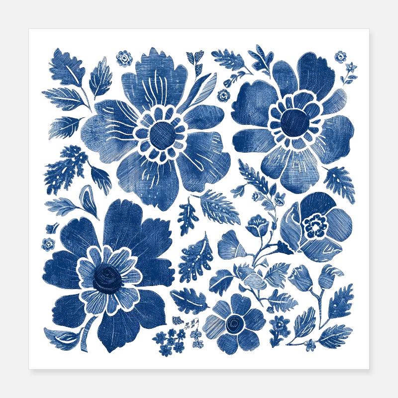Blumenmuster mit Jeansstruktur – Stylisches Design Poster 40x40 cm