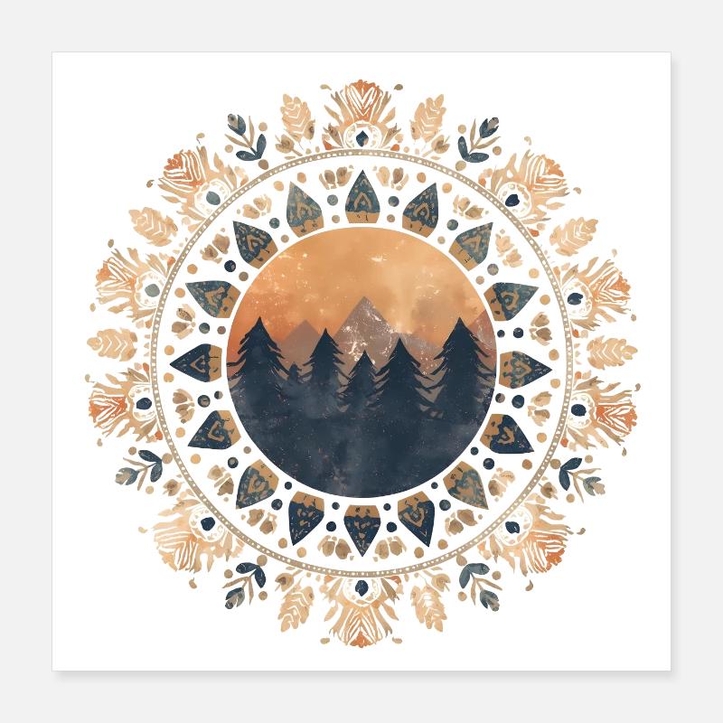 Boho Mandala with Forest & Mountains in Sunlight Poster 16" x 16" (40x40 cm)