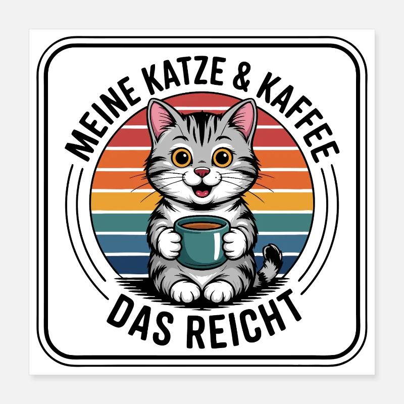 Kaffee Kätzchen im Retro Regenbogen Poster 40x40 cm