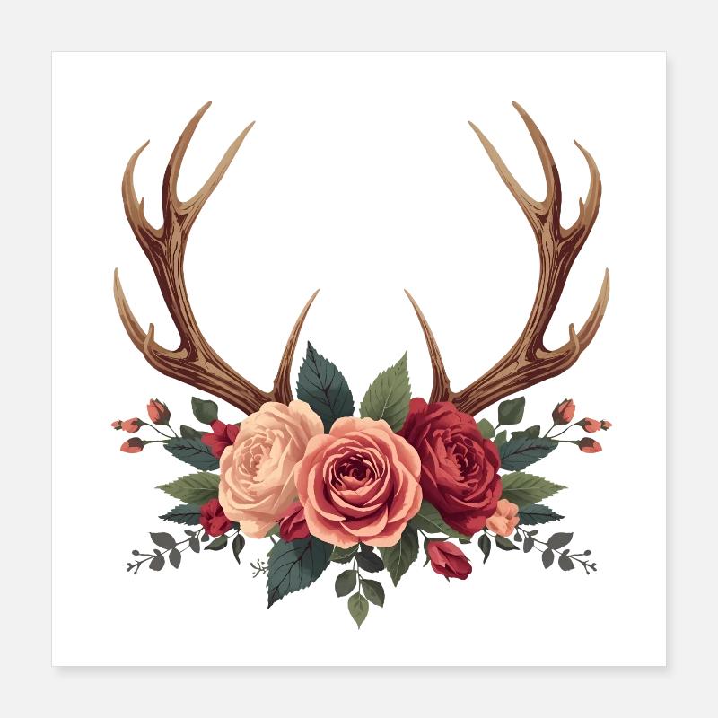 Deer Antlers & Roses - Boho Nature Design Poster 16" x 16" (40x40 cm)