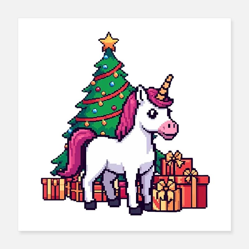 Pixel Licorne & Arbre de Noël Art Rétro Poster 40 x 40 cm