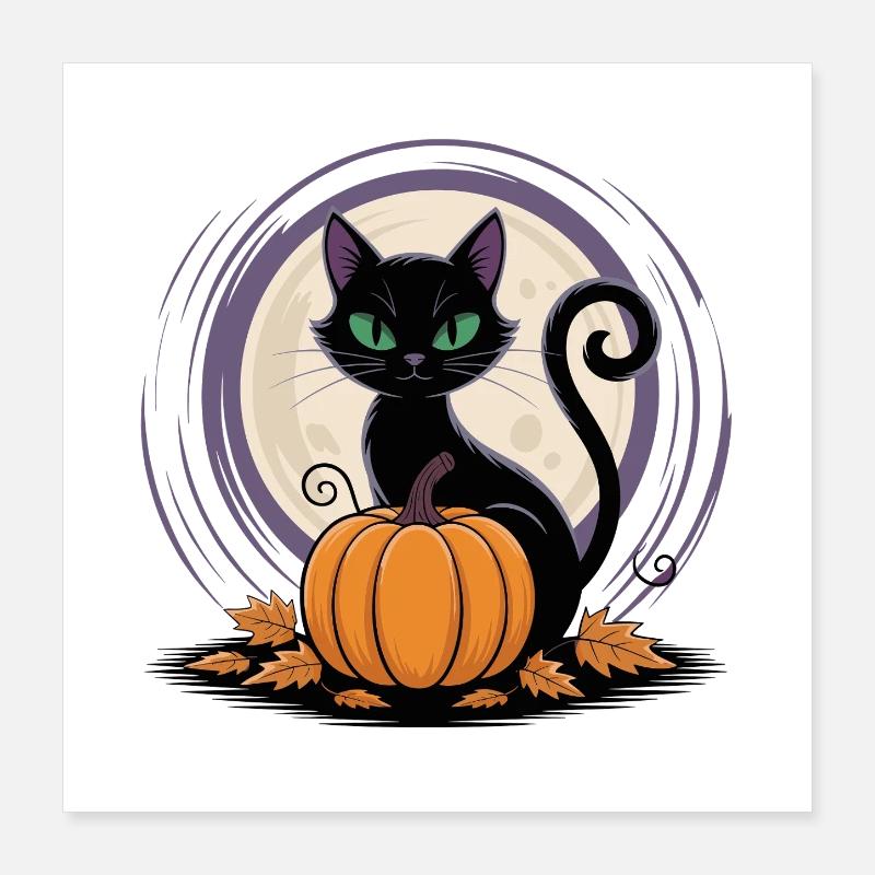 Chat au clair de lune avec citrouille Poster 40 x 40 cm