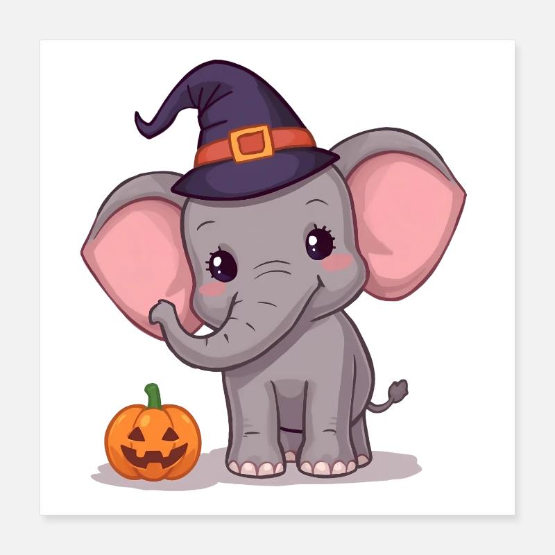 Mignon bébé éléphant sorcière citrouille Halloween Poster 40 x 40 cm