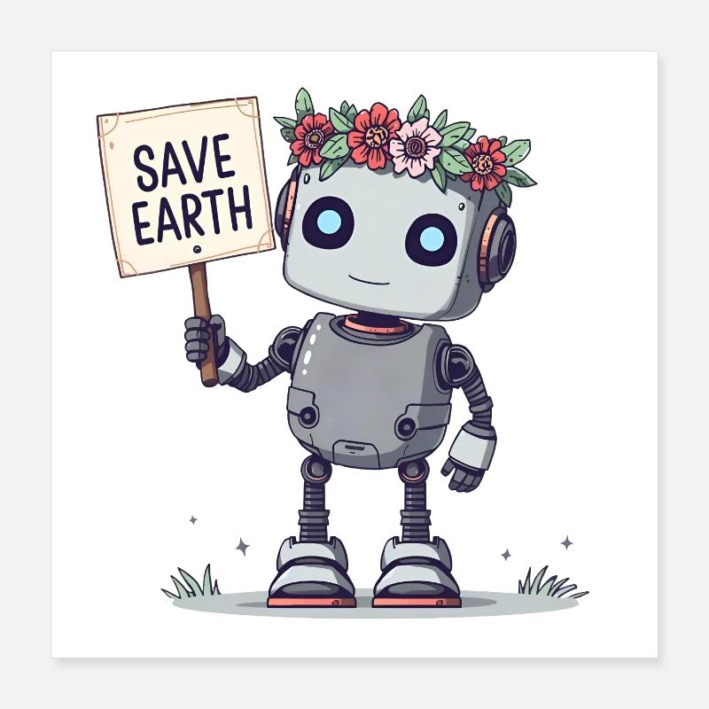 Robot mignon avec couronne de fleurs – Save Earth Poster 40 x 40 cm