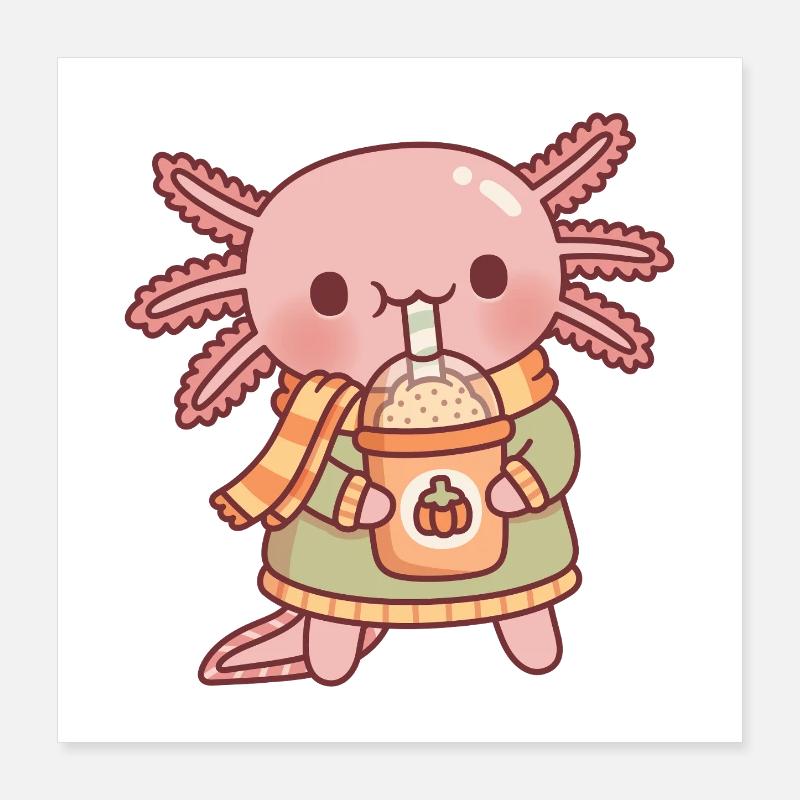 Cute Axolotl Drinking Pumpkin Spice Latte Autumn Poster 16" x 16" (40x40 cm)