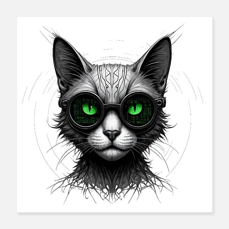 Chat geek codeur informatique au regard vert Poster 40 x 40 cm