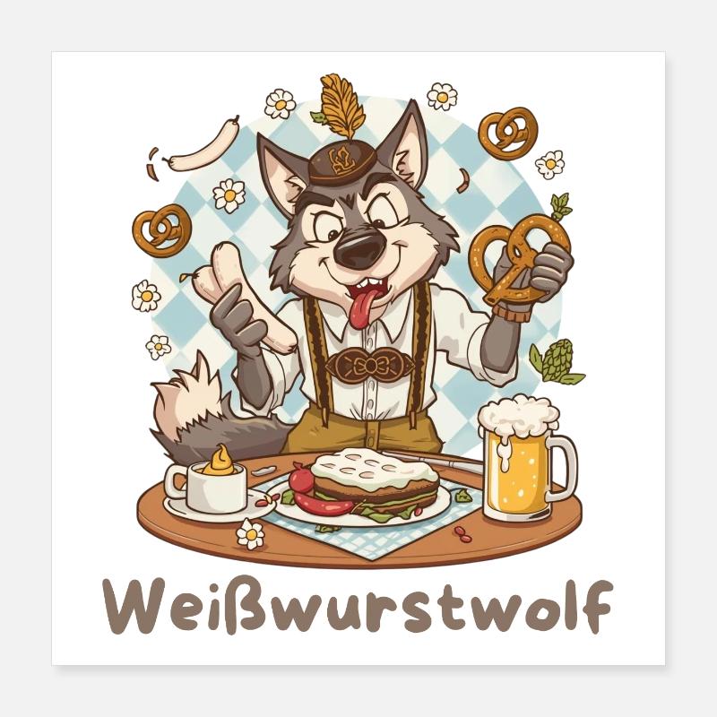 Weißwurstwolf Kochheld Bavarian Poster 40x40 cm