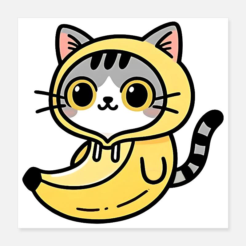 Kawaii Katze im bananengelben Kapuzenpullover Poster 40x40 cm