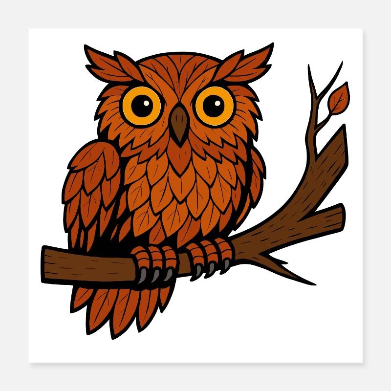 Comic Eule Herbst Wald Laub Blätter Ast Baum Feder Poster 40x40 cm