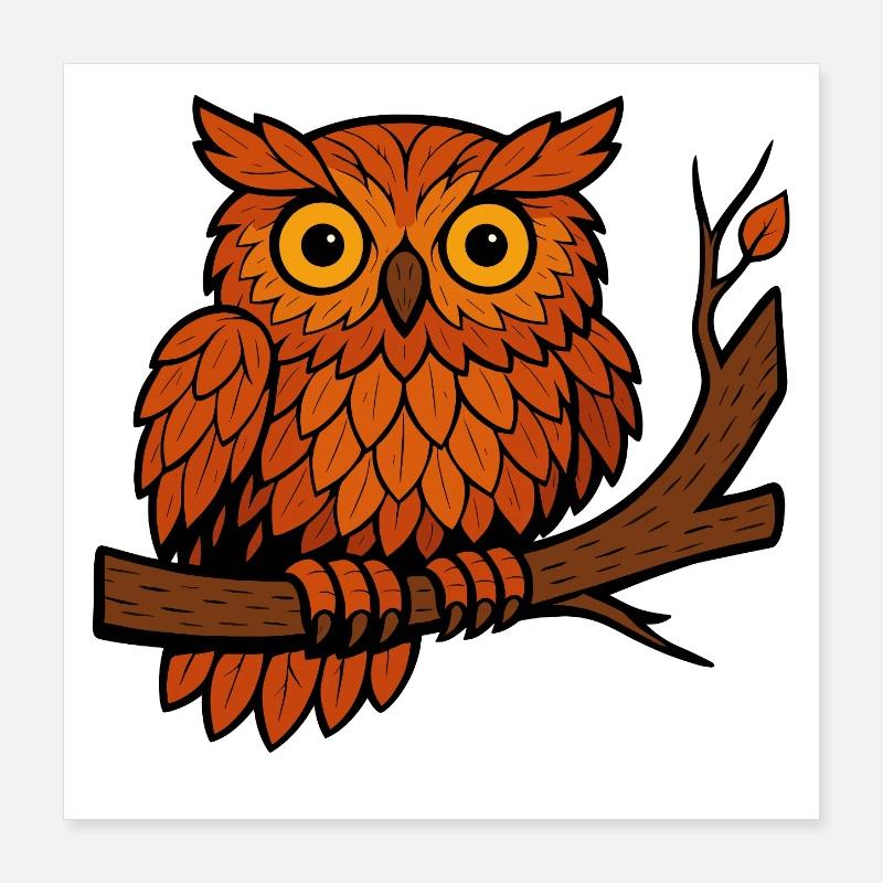 Comic Eule Herbst Wald Laub Blätter Ast Baum Feder Poster 40x40 cm