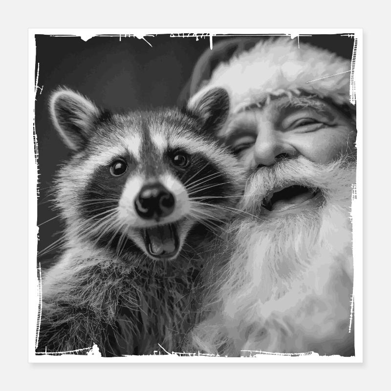 Waschbär Selfie mit Weihnachtsmann  Poster 40x40 cm