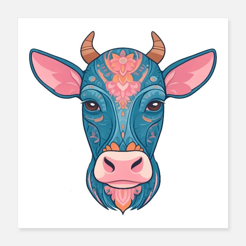 Vache bleue florale Poster 40 x 40 cm