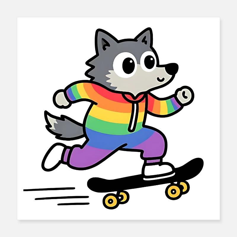 Regenbogen Wolf Schlittschuh Poster 40x40 cm