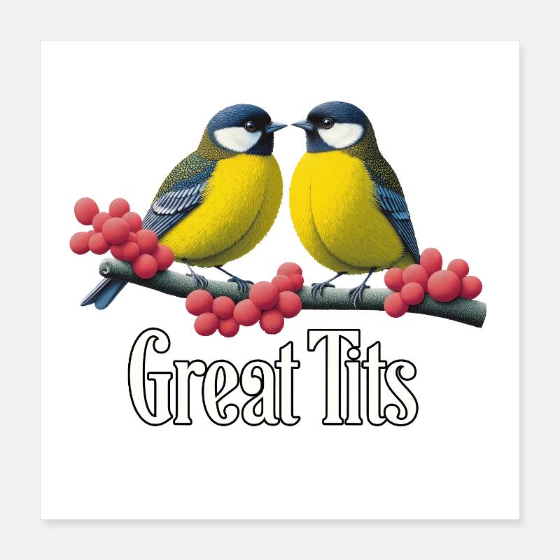 Great Tits Duo on Red Berries Poster 16" x 16" (40x40 cm)