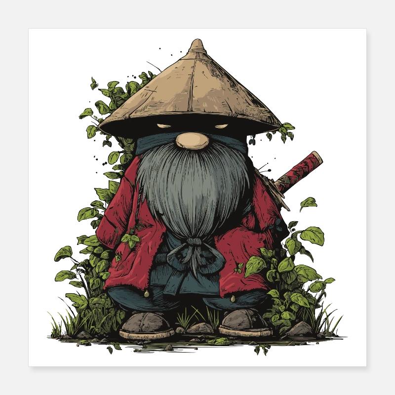 Lustiger Ninja-Gartenzwerg mit Schwert Poster 40x40 cm