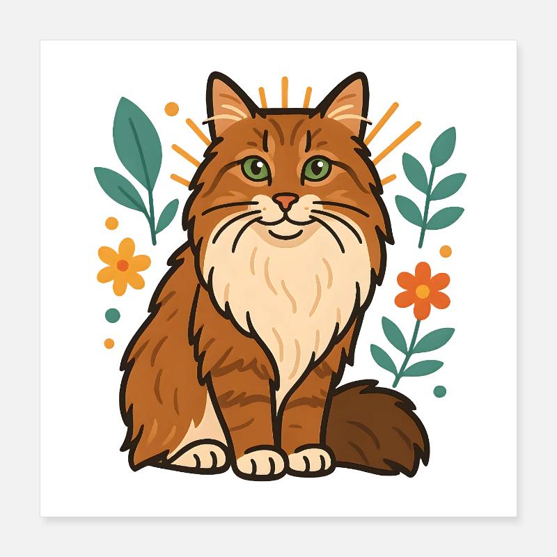 Chat des forêts norvégiennes chat parmi les fleurs Poster 40 x 40 cm