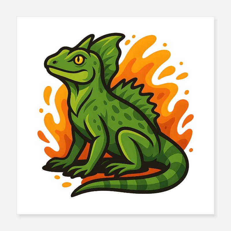 Grüne Basilisken-Eidechse mit flammendem Hintergrund Poster 40x40 cm