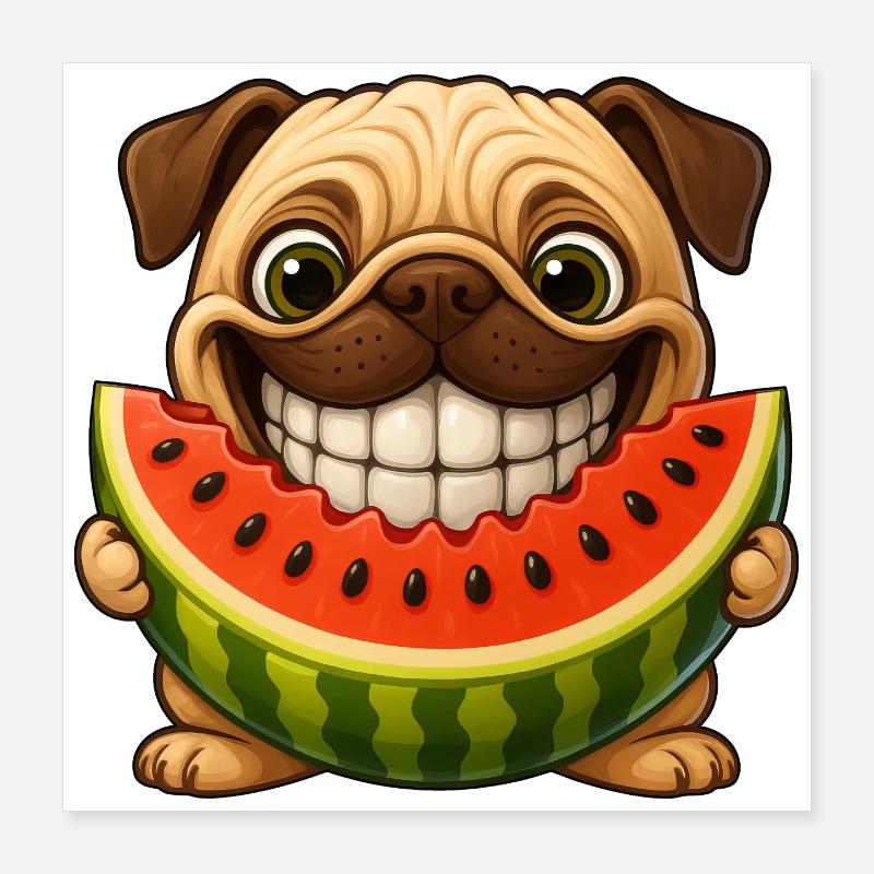 Fröhlicher Mops mit Melone Sommer Hunde Spaß Poster 40x40 cm