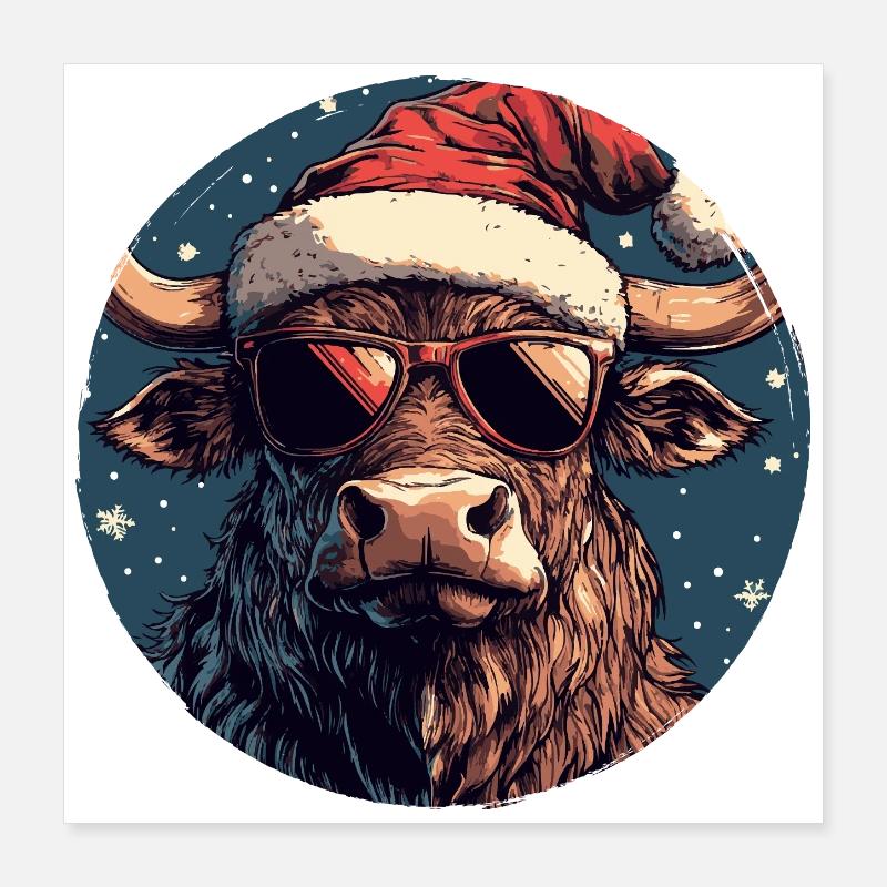Beef bull with Santa hat and sunglasses Poster 16" x 16" (40x40 cm)