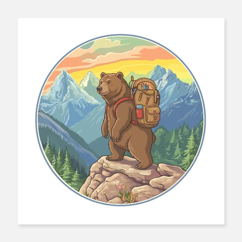 Randonnée d’ours mignons Camping Aventure en montagne Poster 40 x 40 cm