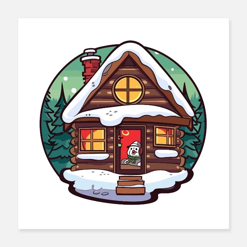 Dessin animé de cabane d’hiver avec chat Poster 40 x 40 cm