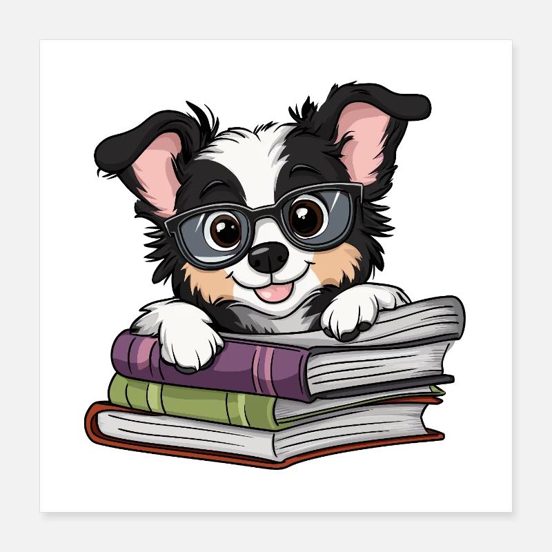 Livre de lecture de chien collet mignon avec des lunettes Poster 40 x 40 cm