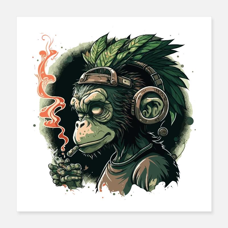 Gorilla mit Kopfhörern und Rauch Poster 40x40 cm