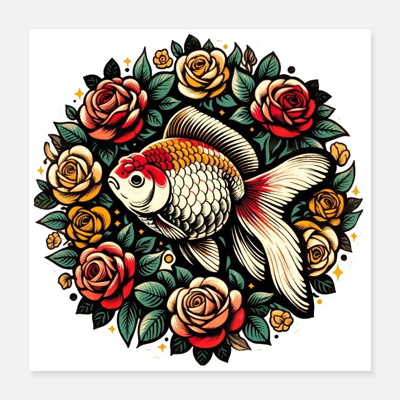 Conception du cercle Koi et Roses Poster 40 x 40 cm