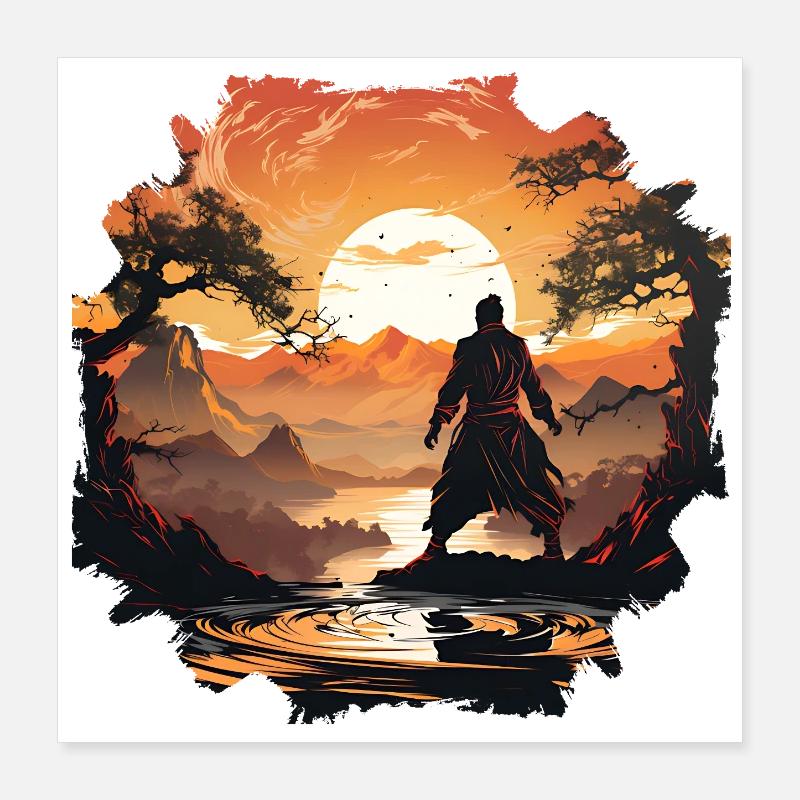 Sonnenuntergangsamurai am stillen See Poster 40x40 cm
