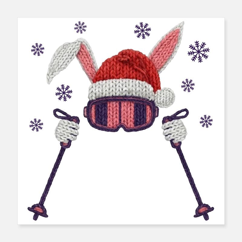 Faux Yarn Ski Bunny with Santa Hat Winter Humor Poster 16" x 16" (40x40 cm)