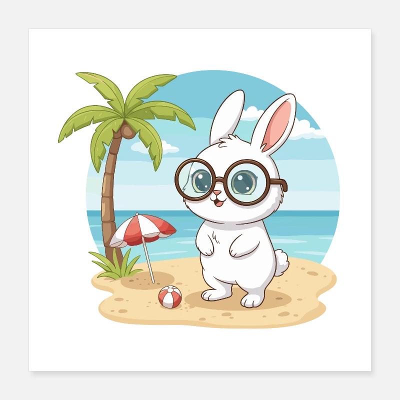 Cute Bunny with Glasses Beach Summer Vacation Poster 16" x 16" (40x40 cm)