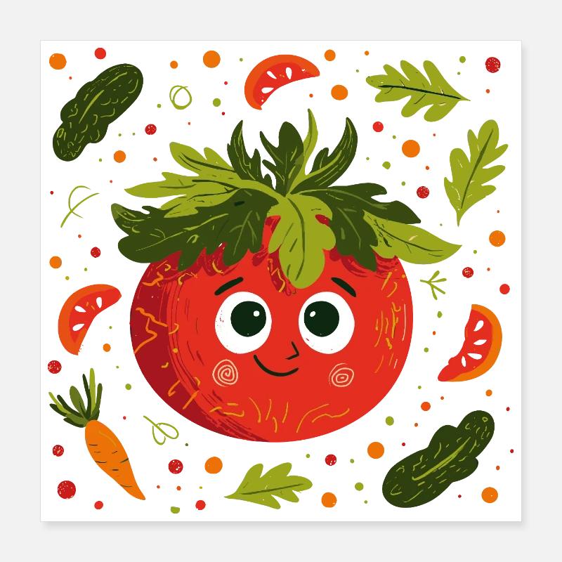 Fröhliche Tomate mit Kräuterkrone Poster 40x40 cm