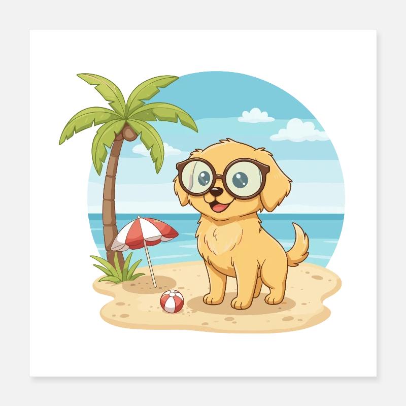 Süßer Hund mit Brille Strandsommerferien Poster 40x40 cm