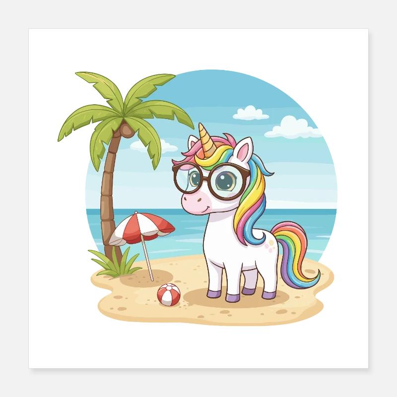 Vacances d’été à la plage avec une licorne mignonne avec des lunettes Poster 40 x 40 cm
