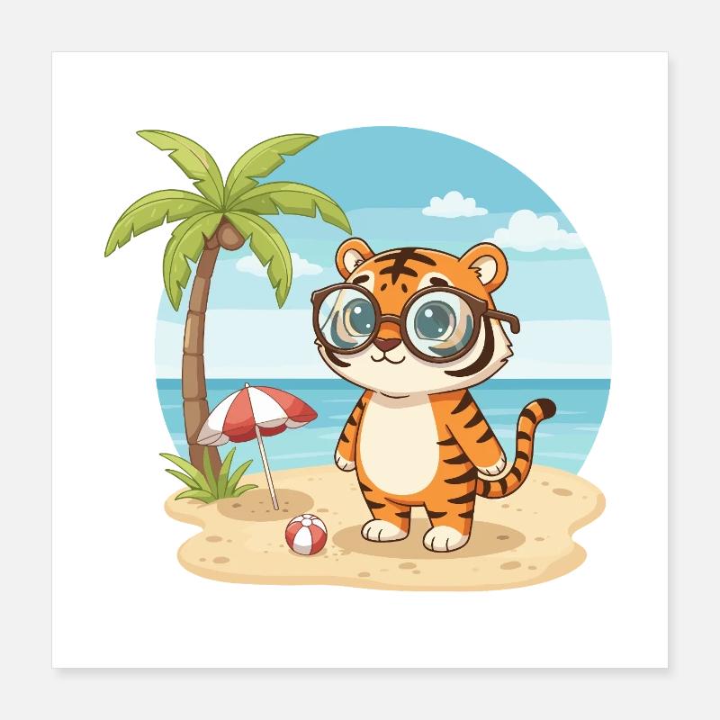 Süßer Tiger mit Brille Strandsommerferien Poster 40x40 cm