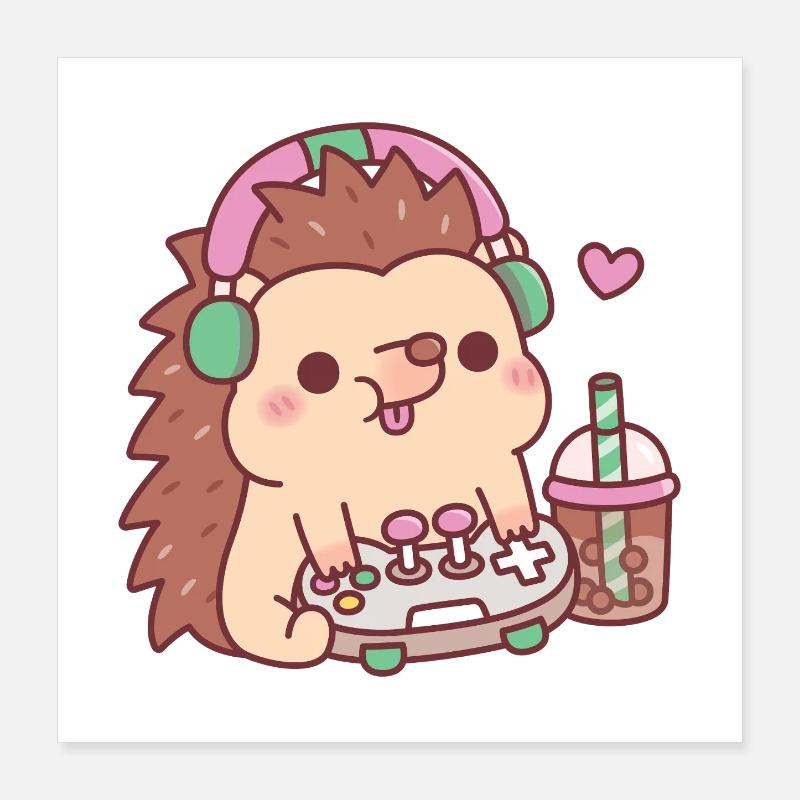 Cute Hedgehog With Game Controller And Boba Tea Poster 16" x 16" (40x40 cm)