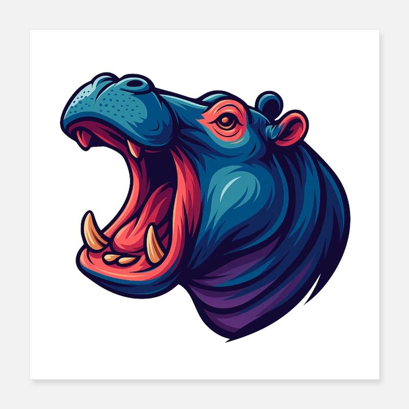 Hippopotame néon avec le museau ouvert Poster 40 x 40 cm