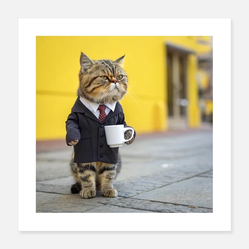 Funny Business Cat in Suit Drinking Coffee Meme Poster 16" x 16" (40x40 cm)