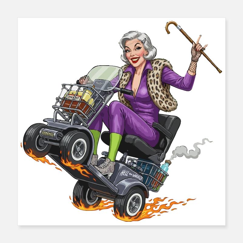 Mamie violette sur un scooter de mobilité de course Poster 40 x 40 cm