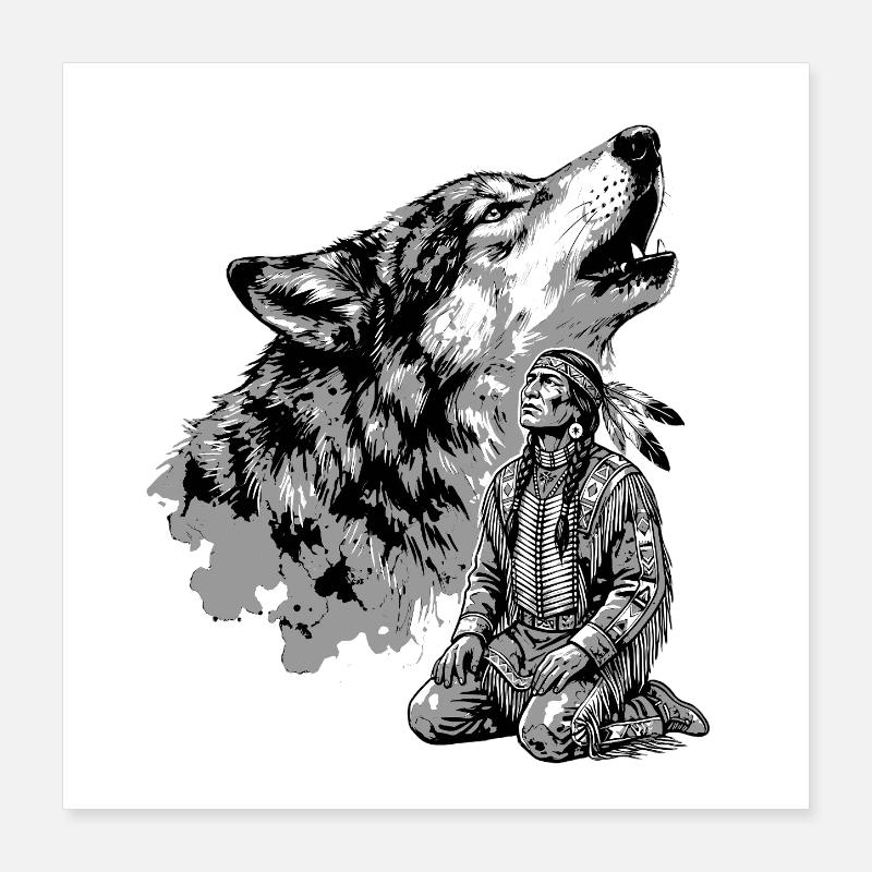 Indianer Krieger mit heulendem Wolf Poster 40x40 cm