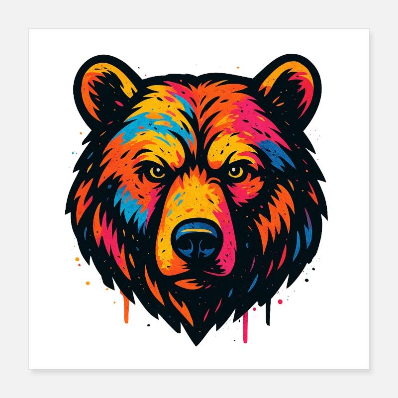 Colorful Bear Head Art Print Poster 16" x 16" (40x40 cm)