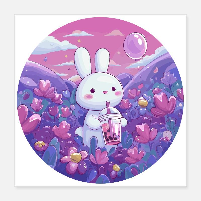 Petit Lapin dans la Mer de Fleurs Pourpre Poster 40 x 40 cm