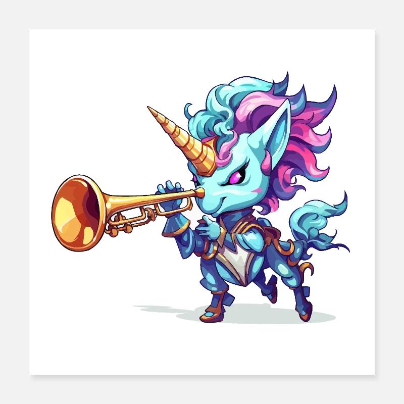 Blaues Einhorn mit Trompete Poster 40x40 cm