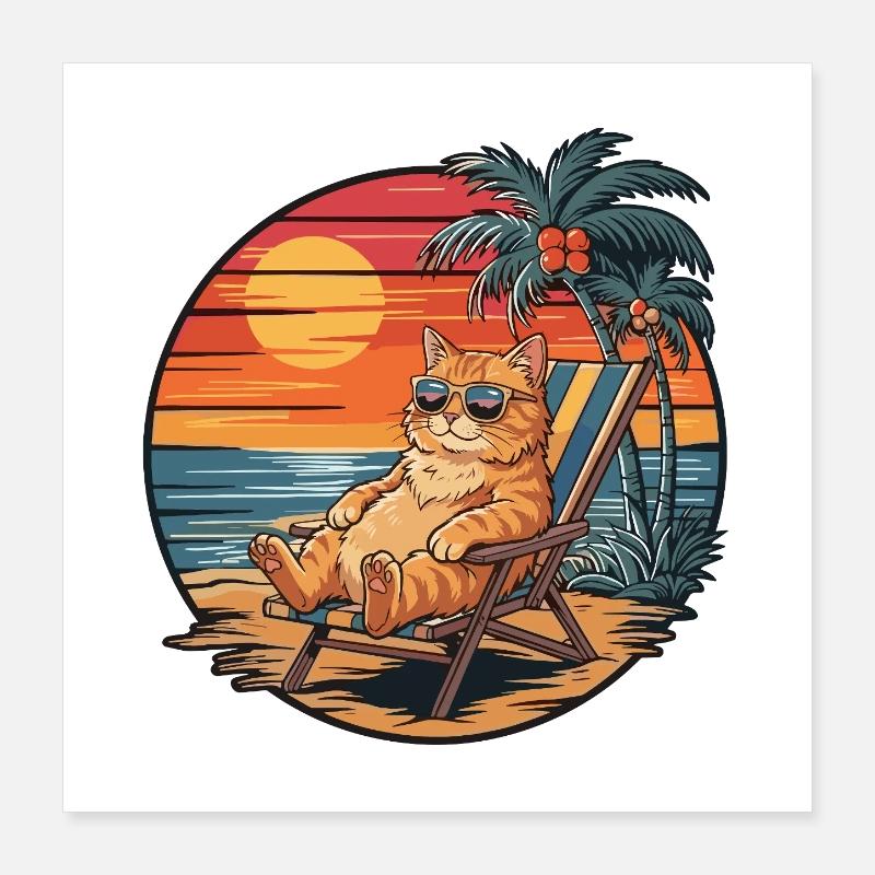 Chat drôle sur le coucher de soleil des vacances d’été sur la plage Poster 40 x 40 cm