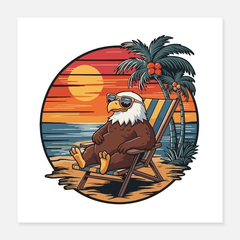 Funny Eagle on Beach Summer Vacation Sunset Poster 16" x 16" (40x40 cm)