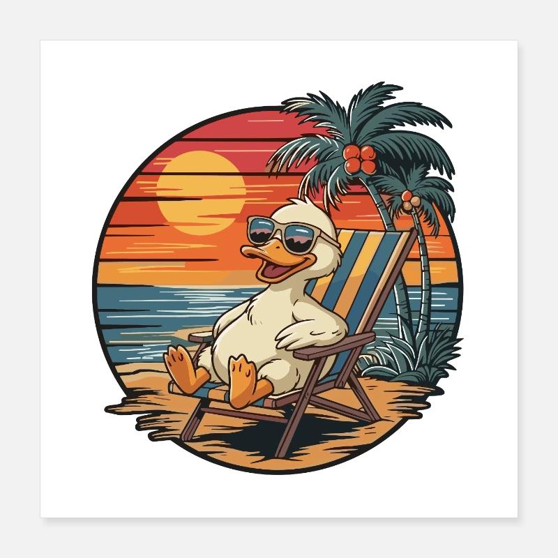 Funny Duck on Beach Summer Vacation Sunset Poster 16" x 16" (40x40 cm)