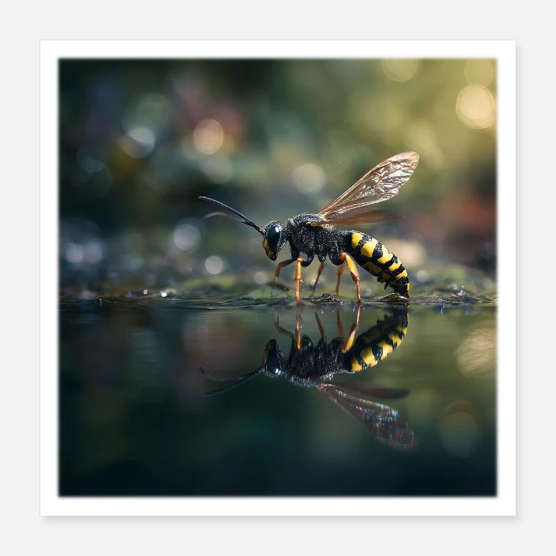 Wasp with Reflection Elegant Macro Photography Poster 16" x 16" (40x40 cm)