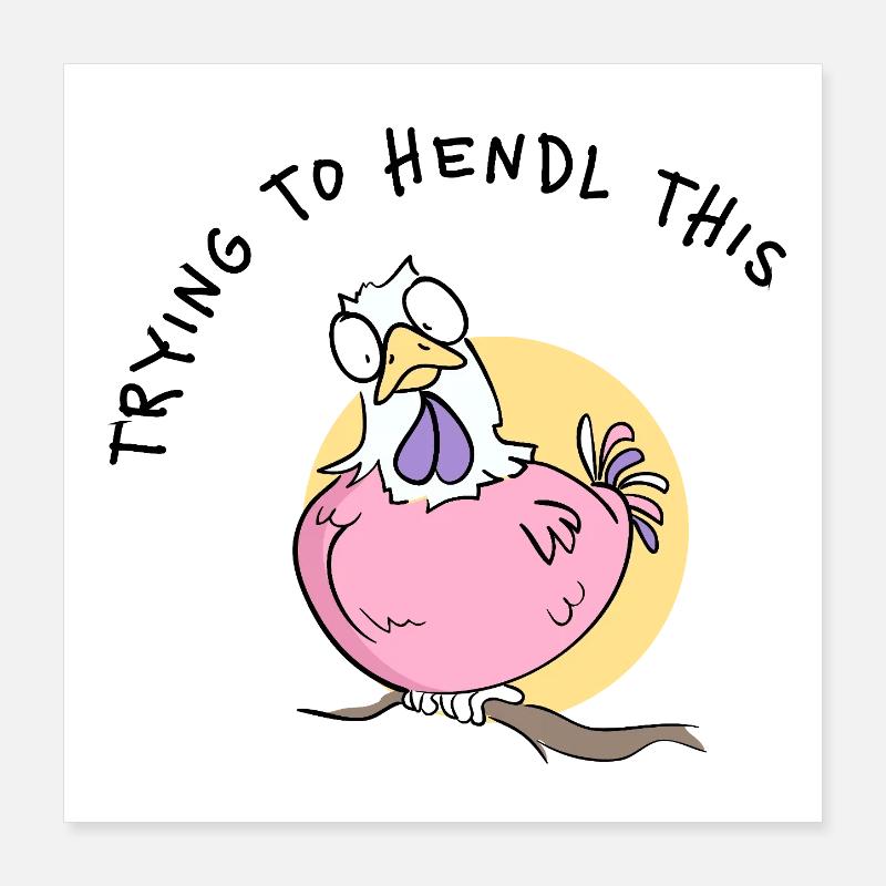 Pink Chicken Cartoon on Branch Dialect Chickens Saying Poster 16" x 16" (40x40 cm)