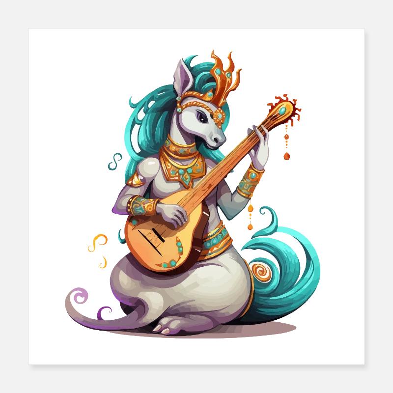 Musicien licorne avec luth doré Poster 40 x 40 cm