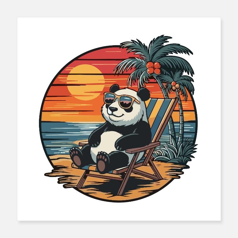 Funny Panda on Beach Summer Vacation Sunset Poster 16" x 16" (40x40 cm)